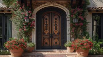 A stunning front door in a Mediterranean villa featuring handcarved wooden panels and intricate ironwork photo