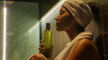 A woman sitting in an infrared sauna with a towel wrapped around her head holding a bottle of eucalyptus oil. photo