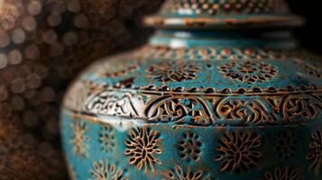 A decorative ceramic jar with a rich intricate pattern reminiscent of Middle Eastern textiles. photo