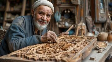 A skilled craftsman carefully carving out intricate designs on an old wooden door bringing back its original charm and character photo