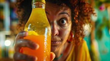 uno concursante sostiene arriba un botella de ly Pera jugo con un perplejo expresión molesto a decidir Si eso haría Vamos bien con piña o mango foto