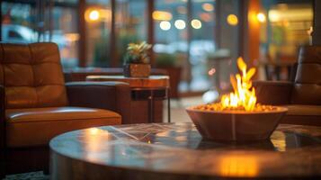 The soft crackle of the fire serves as a soothing background noise creating a tranquil ambiance in the corner of the lobby where guests can unwind and relax. 2d flat cartoon photo