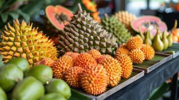 desde jaca a rambután esta buffet vitrinas el mejor y más raro de frutas foto