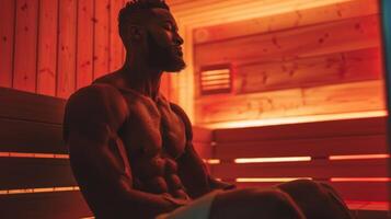 A photo of a weightlifter using a sauna emphasizing how saunas can increase muscle relaxation and mobility for better weightlifting form.