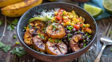 Treat yourself to a taste of the Caribbean with this mouthwatering plantain black bean bowl featuring roasted plantains a zesty black bean and corn salsa and a sprinkle of toasted coconut photo