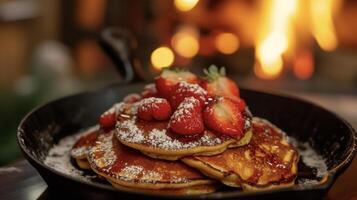 Indulge in a childhood favorite with a twist these teddy bear pancakes. Served by the fireplace its a flashback to simpler times filled with warmth love and delicious food photo