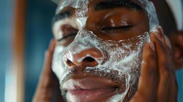 For extra hydration the man applies a hydrating face mask smoothing it over his skin photo
