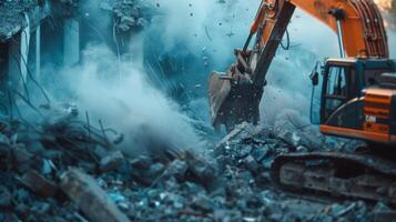 An excavator flawlessly demolishes an old building with powerful hydraulic attachments photo