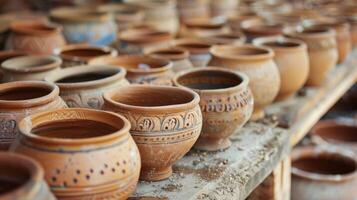 A workshop of potters each with their own handcarved signature stamp gathered to share techniques and designs. photo