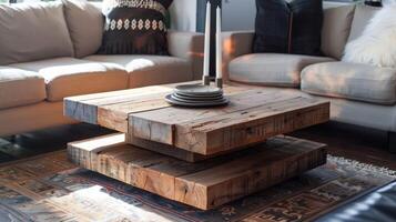 A sleek and modern coffee table made from reclaimed wood and designed to fit the unique dimensions of the living room catches the eye of every visitor photo