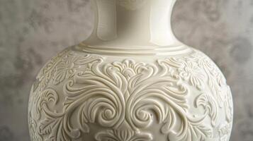 A vintage handcarved porcelain vase featuring delicate floral engravings and intricate scrollwork. photo