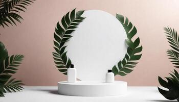 stone podium cosmetic product display platform background Minimal beauty skincare stand with plant leaves for luxury presentation backdrop photo