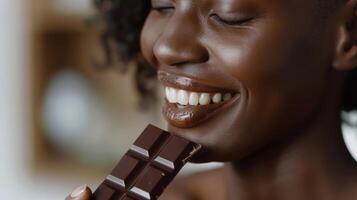 un mujer se complace en un pequeño pedazo de oscuro chocolate atentamente masticación y saboreando el Rico y complejo sabores foto