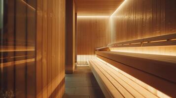 The saunas natural wooden interior and soothing music provide a tranquil atmosphere for mental clarity and relaxation. photo