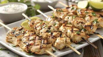 A platter of grilled coconut chicken skewers marinated in a sweet and tangy blend of coconut milk and herbs photo