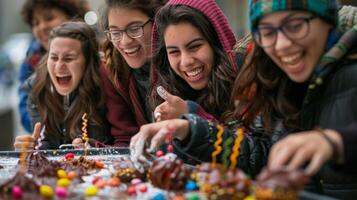 un grupo de amigos riendo y chateando como ellos Decorar su chocolate creaciones con vistoso lloviznas de Derretido vainilla y caramelo foto