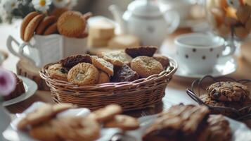 A basket of freshly baked cookies and brownies sits in the center of the table offering a sweet treat for participants to enjoy along with their cups of chamomile tea photo