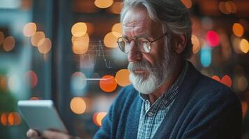 como el descanso de el mundo se apresura por un más viejo hombre tranquilamente gestiona su inversión portafolio en su tableta un llave fuente de pasivo ingresos en Jubilación foto