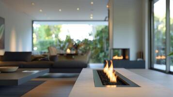 The crisp white walls and minimalist furnishings perfectly complement the unique and eyecatching design of the contemporary fireplace in this charming home. 2d flat cartoon photo