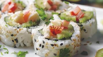 For a unique twist on the classic California roll try these islandinspired rolls filled with crab and tropical fruits like kiwi and guava photo