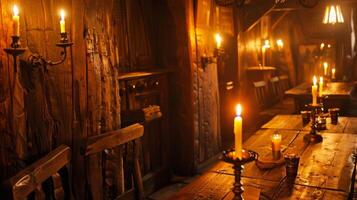 en un estilo medieval taberna pequeño nichos tallado dentro el de madera paredes sostener parpadeando velas Proporcionar un acogedor y atractivo atmósfera para huéspedes. 2d plano dibujos animados foto