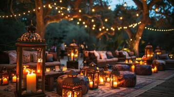 Elegant string lights le above as guests lounge on plush seating surrounded by rustic lanterns filled with dancing flames. 2d flat cartoon photo