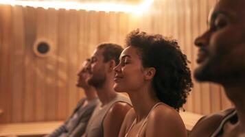 A view of a group of individuals sitting in a circle in the sauna their eyes closed and faces peaceful as they connect with each other through a shared meditative experience. photo