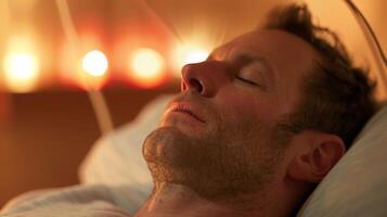 A man participating in a sound therapy session allowing the soothing vibrations and frequencies to aid in his healing process at a mens retreat photo