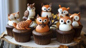 Who needs a roaring fire to keep warm when you have a plate full of these e cupcakes Each one is decorated with a different woodland creature from e little foxes to wise owls photo