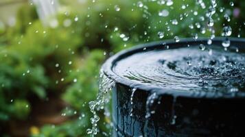 A closeup shot of a rain barrel collecting water from a downspout demonstrating the sustainable practice of rainwater harvesting for garden use photo