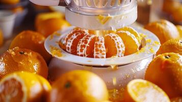 un prensado a mano exprimidor es difícil a trabajo torneado Fresco naranjas dentro un deliciosamente dulce jugo foto