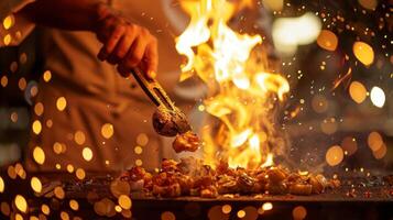 el cocinero hábilmente voltea ingredientes en el parrilla su llamas bailando en el alumbrado por velas antecedentes. 2d plano dibujos animados foto