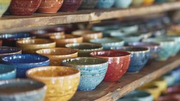 A dusty studio shelf lined with dozens of colorfully glazed ceramic bowls each with its own unique recipe. photo