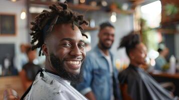 A customer getting a fresh hair and proudly showing it off to his friends with a big smile photo