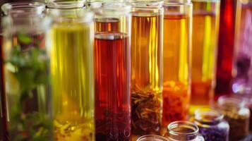 A colorful array of freshly brewed herbal infusions displayed on a table ready for sampling photo