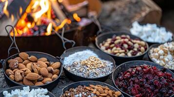 A variety of toppings including crushed almonds dried cranberries and sea salt laid out next to the fire for guests to customize their smores with photo