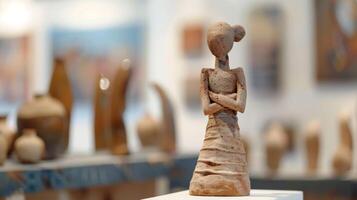 A finished clay figurine standing on a pedestal proudly displayed in a gallery for all to see. photo