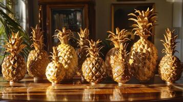 A group of pineapple carvings rest on a table catching the light and displaying their unique and whimsical designs photo