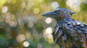 un escultura de un pájaro exhibiendo grogs usado a crear el plumas y añadir dimensión a el pedazo. foto