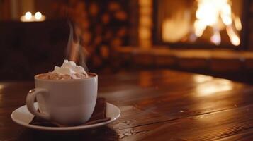 A cozy fireplace glowing in the background adding to the warm and inviting atmosphere of the hot chocolate bar photo