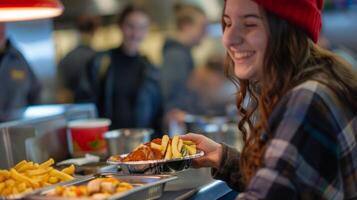 un estudiante disfruta un plato de comida desde el bocadillo bar lleno con sabroso y sin alcohol opciones foto