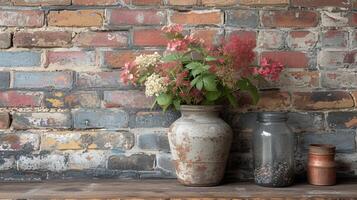 This closeup captures the rustic charm of a distressed brick wall adding a touch of vintage flair to the space photo