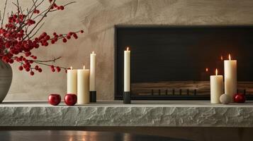The sleek and contemporary style of a mantle with sleek taper candles creating a harmonious look. 2d flat cartoon photo