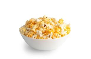 Tasty cheese popcorn in bowl isolated on white background close up photo