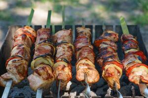 A la parrilla piezas de carne en brochetas, shish brocheta con verduras, Cocinando proceso en brasero foto