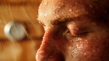 A closeup of a persons flushed and sweaty face indicating the increased circulation and flow from the sauna. photo