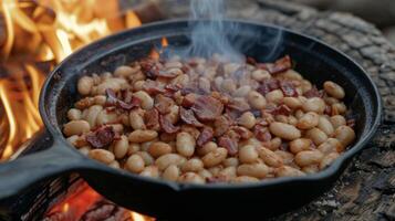 jugoso y oferta blanco frijoles cocido bajo y lento en un sabroso mezcla de es y tocino haciendo el Perfecto adición a ninguna hoguera banquete foto