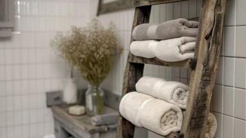 An old ladder transformed into a unique and functional towel rack with each rung holding a rolled up towel for a rustic farmhouse feel photo