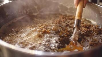 A person stirs a large pot filled with boiling water hops and grains as they begin the first step of brewing a nonalcoholic IPA photo