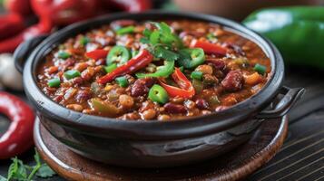 un Agua en la boca visión de un cuenco de chile exhibiendo un negrita mezcla de rojo y verde chile pimientos cocido a perfección y adornado con un guión de pimentón para un extra patada foto